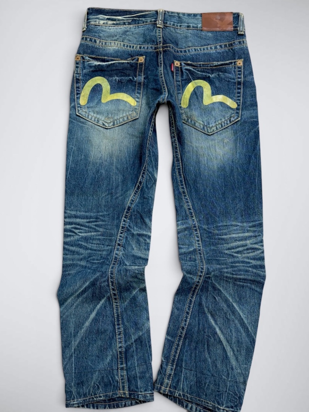 VTG Evisu Genes Drop Rise Twisted Seam Straight Jeans | Yellow Painted Seagull